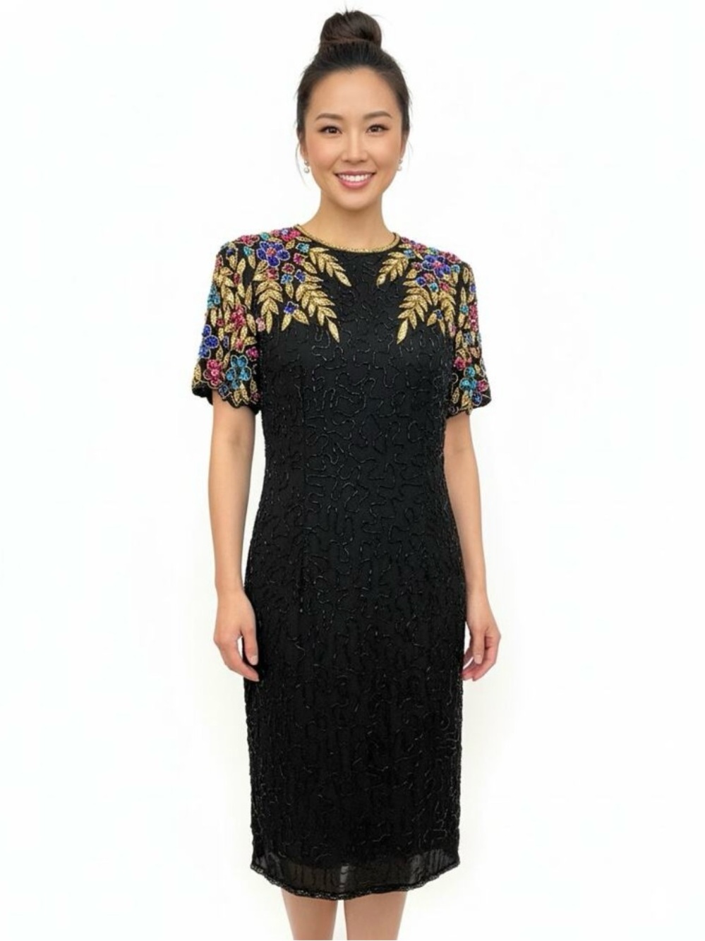 Vintage Stenay Beaded Black Embellished Floral Evening Dress